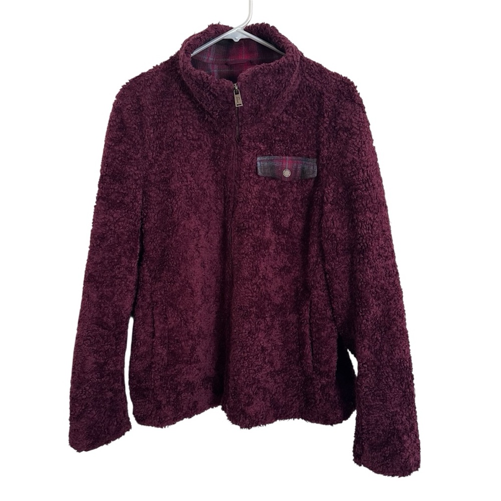 Pendleton Women's Plaid-Trimmed Sherpa Fleece Jacket XL Red Burgundy Full Zip